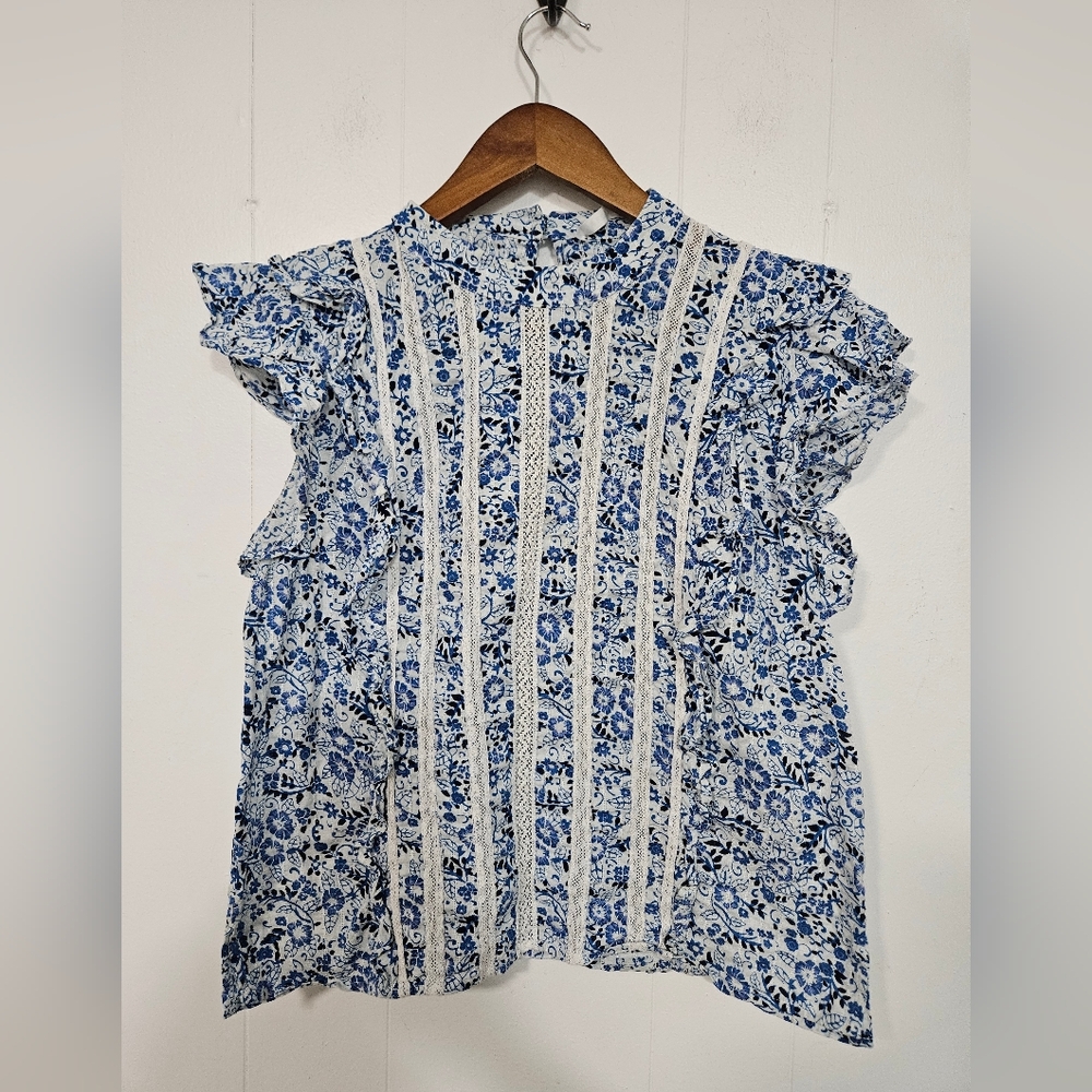 Veronica Beard Sol Top Blue White Floral Ruffle Short Sleeve Blouse - Picture 2 of 6